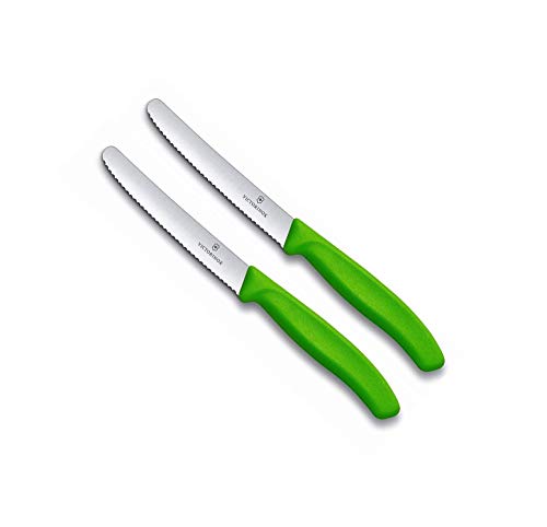 Victorinox | Küchenmesser-Set | 2 Stück Grün | Klingenlänge: 11cm | Extra scharfer Wellenschliff | Tafelmesser mit ergonomischen Griff