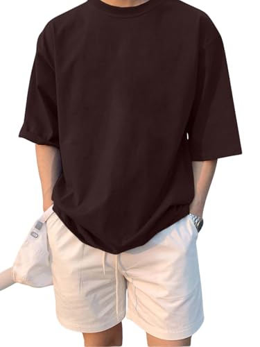 Image of LEOTUDE Half Sleeve Oversized Tshirt for Men, Round Neck Cottonblend Drop Shoulder Solid T-Shirt
