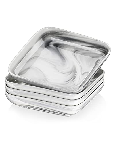 MALACASA,Série Ivy, Assiette Creuse en Porcelaine Marbre, Assiette à Soupe, 4 Pièces Assiettes Creuses Carrée, 20.5 cm, 900 ml Cover