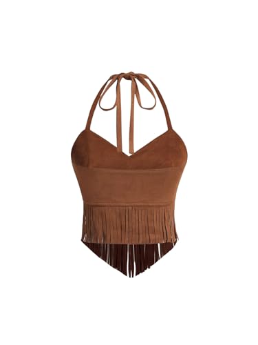 WDIRARA Women's Asymmetrical Fringe Hem Tie Backless Halter Vest Slim Fit Suede Vintage Crop Tank Tops2
