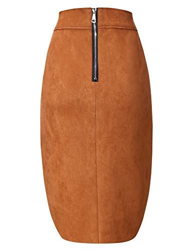 Bellivera Women Faux Suede Leather Pencil Skirt, Fall Casual Midi Skirts Spring and Summer Hip Wrapped Back Split FF21 Camel S - Image 3