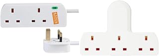 pro elec 2 Gang Surge Protected Extension Lead, 3m, White & pro elec 13 A Unswitched 3-Way Plug Adapter,pl14984