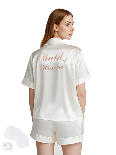 Image of MI X TEE 4Pcs Bride Pajama Summer Silk Pajamas for Team Bride Short Sleeve Shorts PJS Matching Pajamas with Bridesmaid