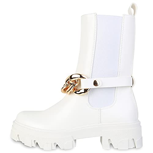VAN HILL Damen Plateau Boots Blockabsatz Stiefeletten Freizeit Schuhe Ketten Stiefel Profilsohle Booties Absatzschuhe 201146 Weiss 41