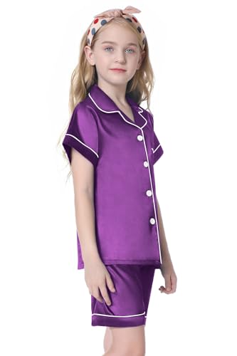 Image of Umeyda Women & Girls Pajamas Set, 2 Piece PJS Satin Silk Sleepwear Button-Down Top with Shorts for Mom Kids Gifts