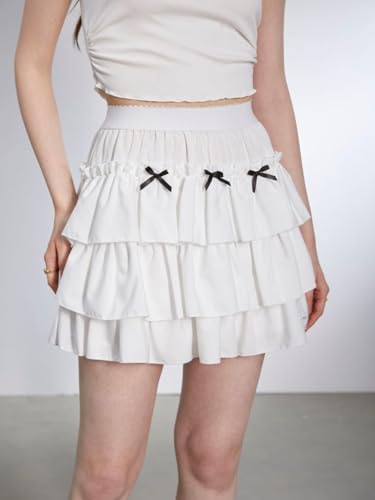 Verdusa Women's Y2K Ruffle Hem Elastic Waist Tiered Layered Flowy Bow Tie Mini Skirts4