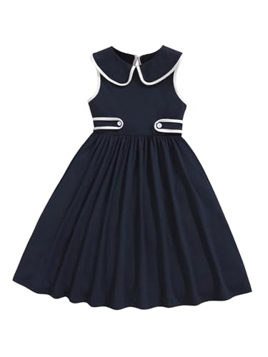 SOLY HUX Girl's Sleeveless Doll Collar A Line Flared Dress Contrast Binding Short Dresses