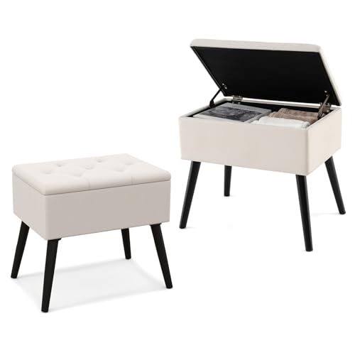 HOMASIS Puff Almacenaje, Baúl de Almacenaje Rectangular, con Asiento Acolchado Abatible, Taburete de Tocador de Terciopelo con Patas de Madera para Salón Dormitorio (Beige)