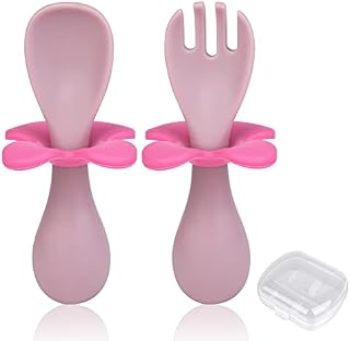Vicloon Baby Fork and Spoon, Infant Self Baby Spoon Fork Self Feeding Utensil Set, Baby Cutlery Feeding Set Toddler Utensils Spoons Forks for Kids Self FeedingPink Flowers