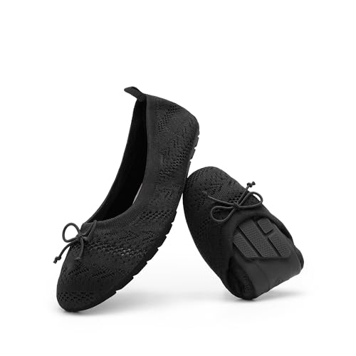 DREAM PAIRS Women's Round Toe Foldable Portable Knit Ballet Flats Comfortable Dressy Flats for Work Office Dress Shoes Business Casual 9.5 Black