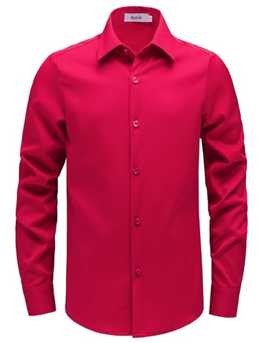 AOTIK Boys Stretch Wrinkle Free Dress Shirts Button Down Shirt Long Sleeve Formal School Uniform Shirts 12 Red