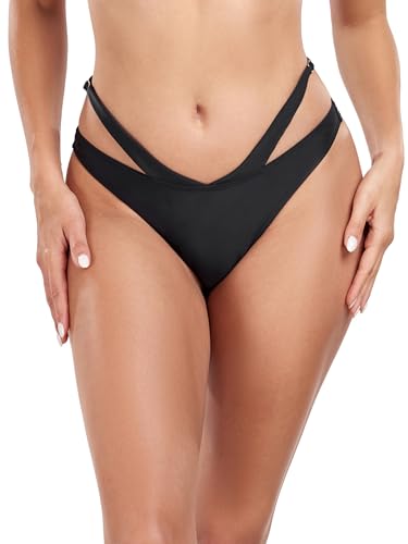 Women's Adjustable Swim Bottoms High Cut Low Waisted Bikini Bottoms Cheeky Bathing Suit Bottoms