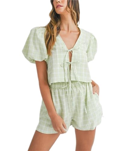 Image of Yuemengxuan Women Y2k Two Piece Plaid Lounge Sets Puff Sleeve Tie front Blouse Top High Waist Shorts Casual Pajamas Sets