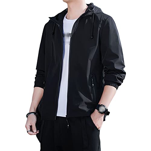 Maiyifu-GJ Men's Lightweight Full Zip Windproof Hoodie Slim Fit Casual Hooded Sweatshirt Outdoor Spring Active Windbreaker (Black,4X-Large)