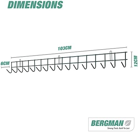 Bergman Extra-Long Tool Rack - Wall Mounted Garden Tool Holder- With 16 Hooks, Extra-Long Hanging Rack for your Shed or Garage, Wall Hanging Hook, Storage Metal Organiser (100cm long)