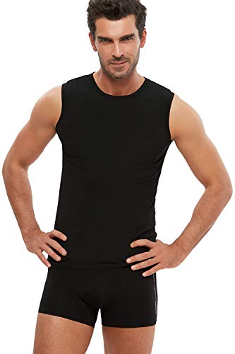 Kom Men's Cotton Stretch Crew-Neck Sleeveless T-Shirts 2 Pack Nick Model (Black, XL)