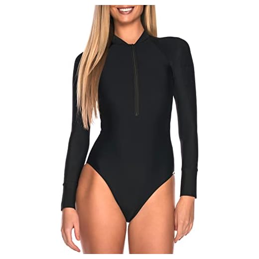 RELLECIGA Maiô feminino de manga comprida Rash Guard com proteção UV, roupa de banho para surfe, Preto, P