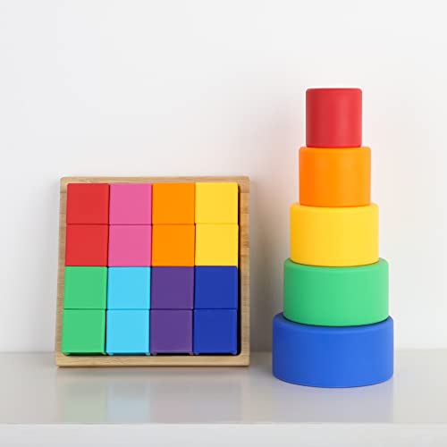 Blue Ginkgo Silicone Rainbow Blocks - Giftable Soft Blocks For Kids | Bpa Free Silicone Blocks | Montessori Blocks, Silicone Rainbow Stacking Toy With Sorting Tray (16 Pc - Vibrant) #TOP5