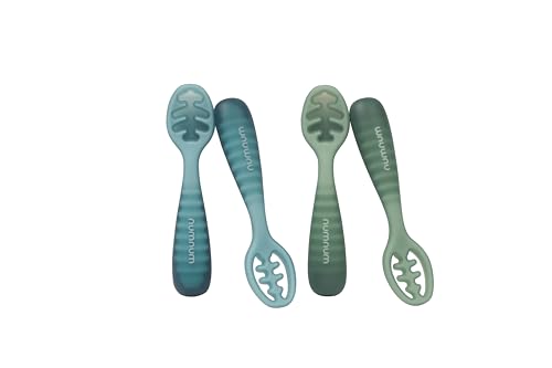 Image of NumNum Baby Spoons Set, Pre-Spoon GOOtensils for Kids Aged 12+ Months - First Stage, Baby Led Weaning (BLW) Spoon - Self Feeding, Silicone Toddler Food Utensils - 1-Pack, 4 Spoons, Blue/Green