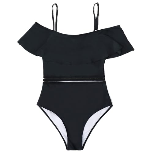 XUANFXPJ Costume da bagno intero da donna, sexy, nero, con spalline, volant, spalle scoperte, costume da bagno, controllo della pancia, abbigliamento da spiaggia(S)