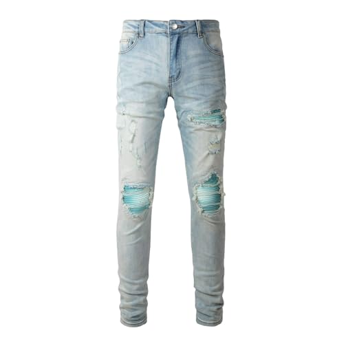 Jeans Pants Trousers Denim Light Blue Ripped Distressed Hole Stretch Slim Fit Trendy Street Casual Small Straight Leg for Men(Light Blue,29)