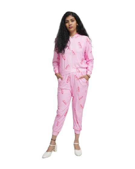 Women's Candy Pink Graphic Lounge Co-ord Set set of 3 (1 Jacket,1 bottom,1Crop Top) (IN, Alpha, 2XL, Regular)-image-34