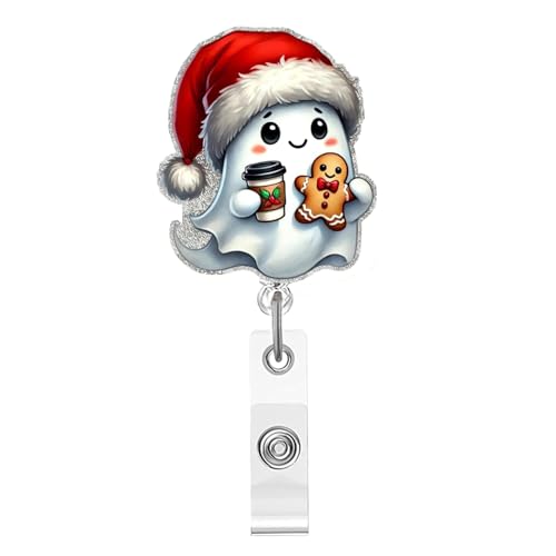 Christmas Ghost Retractable Badge Holder Acrylic ID Name Badge Holders with Alligator Clip Xmas Little GHhost Badge Reel Clips for The Office Nurse Teacher Student Holiday Name Tag Decoration