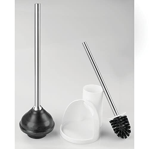 Mdesign Compact Plastic Toilet Bowl Brush And Plunger Combo Set With Holder - Caddy For Bathroom Storage - Sturdy, Heavy Duty, Deep Cleaning - White/Brushed #TOP2