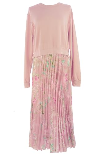 Image of TEXTURE Ladies Women Italian Lagenlook Floral Print Long Sleeve Pleated Satin Midi Dress One Size (UK, Alpha, One Size, Regular, Regular, Light Pink)