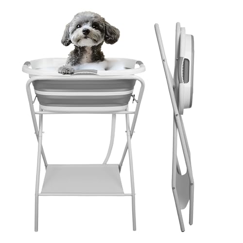 WUDLEP 2 in 1 Foldable Dog Bathtub & Pet Washing Station, Portable Elevated Pet Tub with Drain Hole and Pipe, Indoor/Outdoor Grooming & Shower for Dogs & Cats