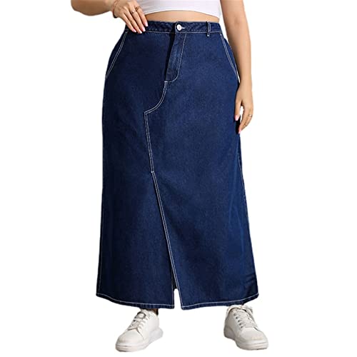 MAOAEAD Falda larga de mezclilla para mujer, talla grande, falda de mezclilla azul con costuras delgadas, falda de mezclilla de moda, informal, versátil para oficina Cover