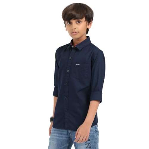 Image of ROCKET SCIENCE Boys Single Pocket Shirt | Regular Fit, Spread Collar, Full Sleeves, 100% Cotton Linen Fabric Royal Blue