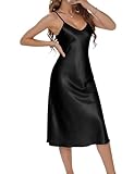 Marvmys Satin Nightdress for Women UK Long Negligees Strap Chemise Nighties for Ladies V Neck Full Slips Sleepwear Black M