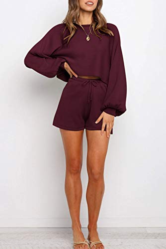 ZESICA Women's Casual Long Sleeve Solid Color Knit Pullover Sweatsuit 2 Piece Short Sweater Outfits Sets Wine