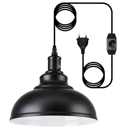 Outdoor Hängelampe mit Stecker, Dimmbar Vintage Pendelleuchte mit 4.5m Kabel und Dimmer Schalter, E27 Lampefassung Schwarz Metall Hängeleuchte für...