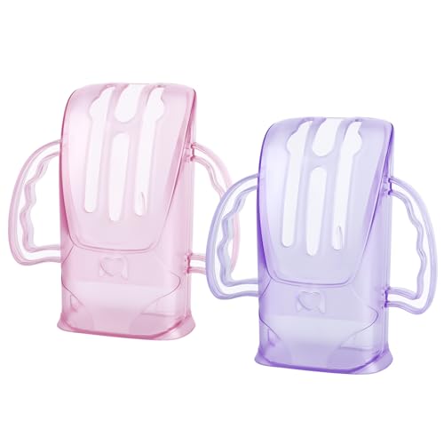 Image of Squeeze Proof Holder for Food Pouches & Drink Boxes, Universal Multipurpose Design, Baby Pouch Holder Makes Baby More Fond of Self-Feeding and Prevent Messes, Easy Grasping Handles (Purple & Pink)