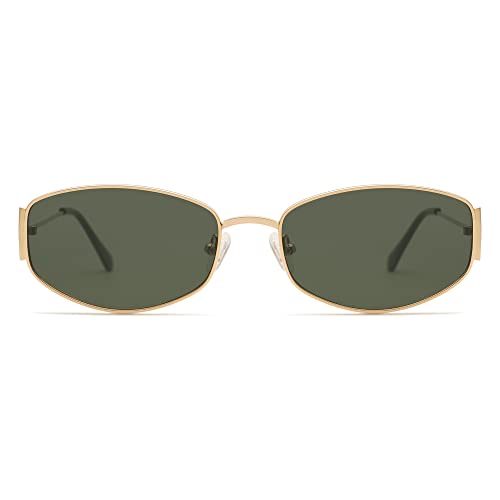 Appassal Retro Oval Sunglasses For Women Men Small Hexagonal Rectangle Metal Frame Sun Glasses Ap3625,Gold/Green #TOP2
