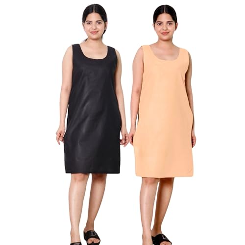 Image of KASANI Women's Camisole Cotton Long Knee-Length Sameej /Slip /Inner, Sleeveless, Pack of 2