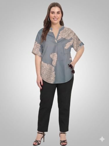 Image of SINDOORI Relaxed Fit Tops for Women Plus Size Solid Printed Mandarin Collar, Band Collar, V-Neck Top, Half Sleeve Loose Fit