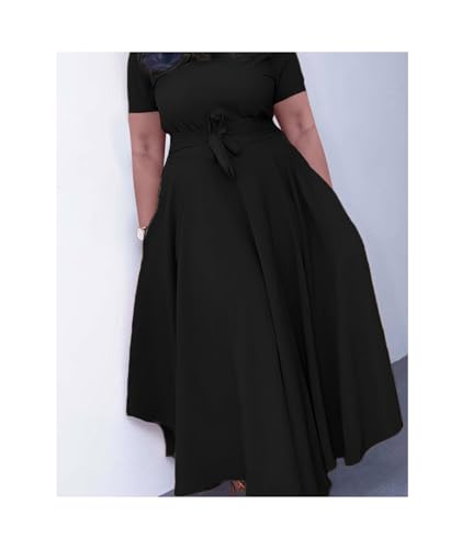 Image of SEMATOMALA Women's A Line Self Tie Waist Maxi Dress Round Neck Long Sleeve High Waist Plus Size Swing Flare Long Dresses