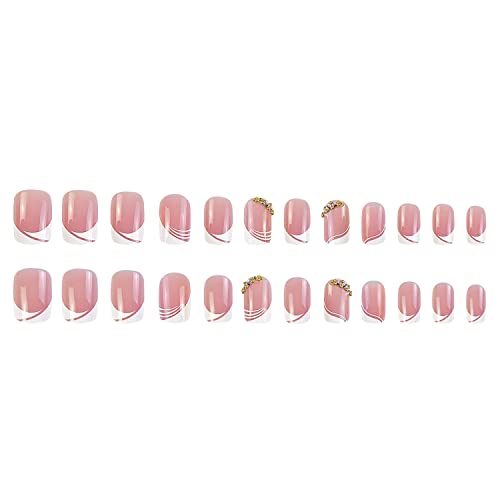 Short Press On Nails Square French Fake Nails Acrylic Nude Pink False Nails With Rhinestone Designs Artificial Glossy Nails Full Cover Glue On Nails Stick On Nails For Women #TOP3