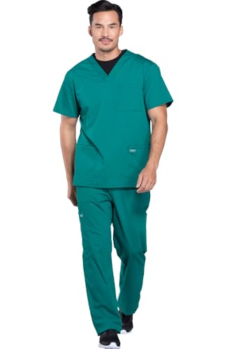 Cherokee Scrub Set for Men from, 4 Pocket V-Neck Scrub Top WW695 with 5 Pocket Tapered Leg Fly Front Cargo Pant WW190
