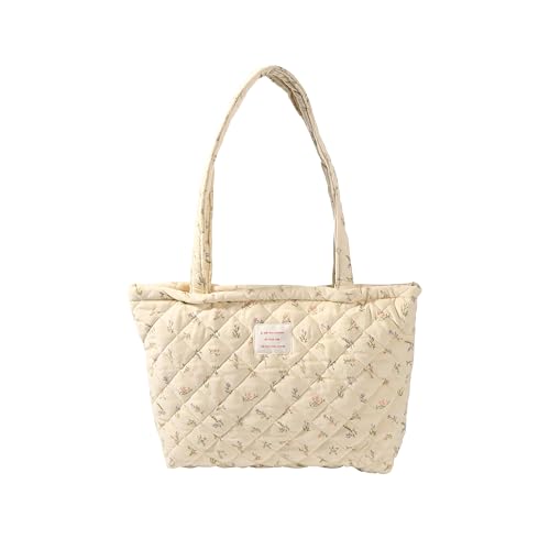 Image of Floral Quilted Cotton Shoulder Bag for Women Daily Use Medium Size Handbag Large Capacity Thickened Design Tote