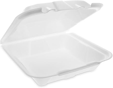 Pactiv Evergreen Vented Foam Hinged Lid Container, Dual Tab Lock Economy, 9.13 x 9 x 3.25, White, 150/Carton