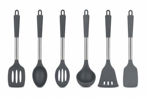 Image of Set of 6 Silicone Kitchen Utensils, Grey. Heat Resistant Silicone Kitchen Tools for Non-Stick Cookware, Turner, Slotted Turner, Spoon, Slotted Spoon, Masher & Ladle. Dishwasher Safe