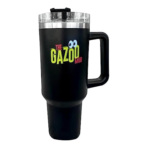 Gazoos 40oz Insulated Travel Mug Tumbler with Handle | Double Wall Vacuum Sealed Stainless Steel Cup w/Straw and Lid, Black Cover