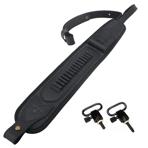 Leather Rifle Shell Holder Sling, Padded Canvas Gun Shoulder Straps (Black with Swivels)