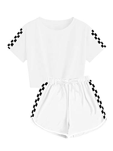 CNJFJ Cute Outfits For Girls 10-12 Years Old Plaid Shorts Sleeve Crop Tops And Shorts Sets