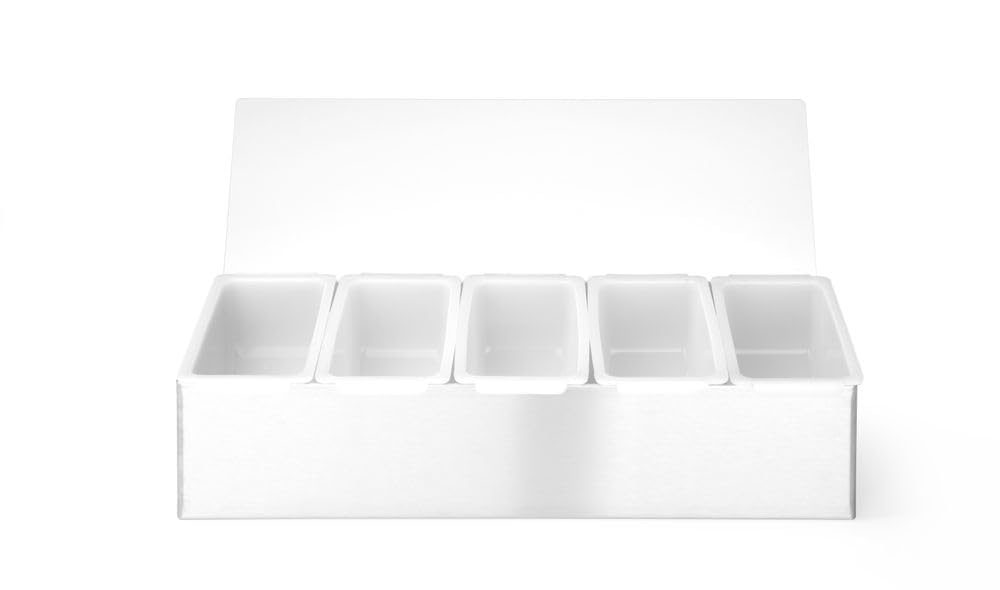 HENDI Pojemnik barmański na dodatki do drinków, BarUp, z 5 wyjmowanymi pojemniczkami, przezroczysta pokrywa, pojemnik na przyprawy, 375x140x(H)90mm, stal nierdzewna, HDPE, polipropylen