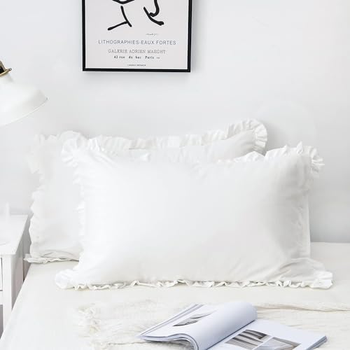 Funecho YPD-B02HBZTWTS Ruffle Pillow Shams White Standard Set Of 2 Lace Pillowcases 100% Brushed Microfiber Size Bedding Pillow Covers cover
